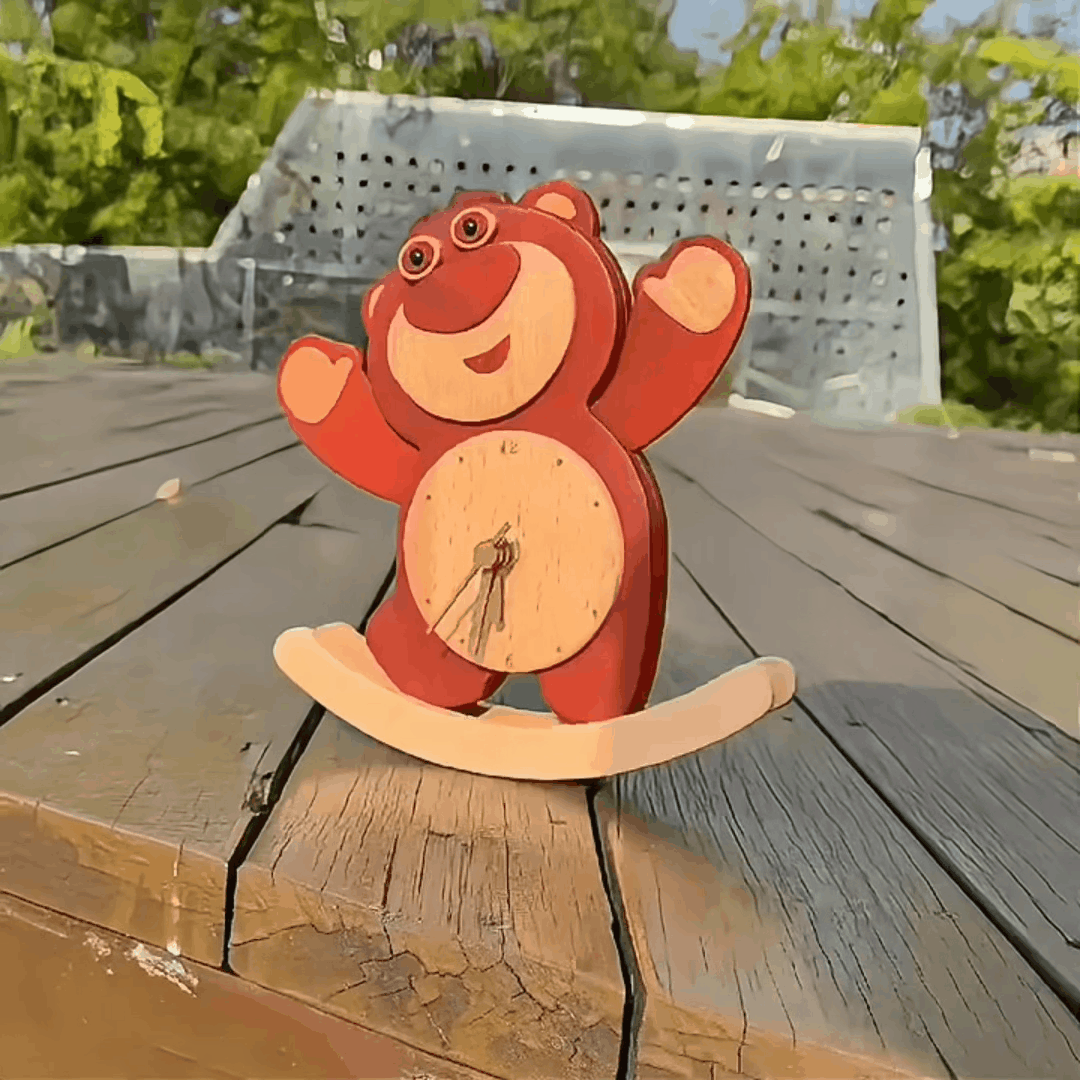 Disney Lotso Wooden Rocking Clock โ Handmade Solid Wood Timepiece with Swinging Motion