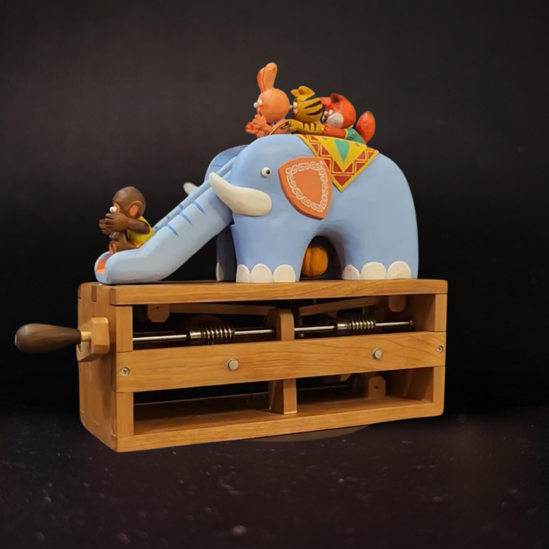 Hand-carved Wood Elephant Slide Automata: A Nostalgic Ride