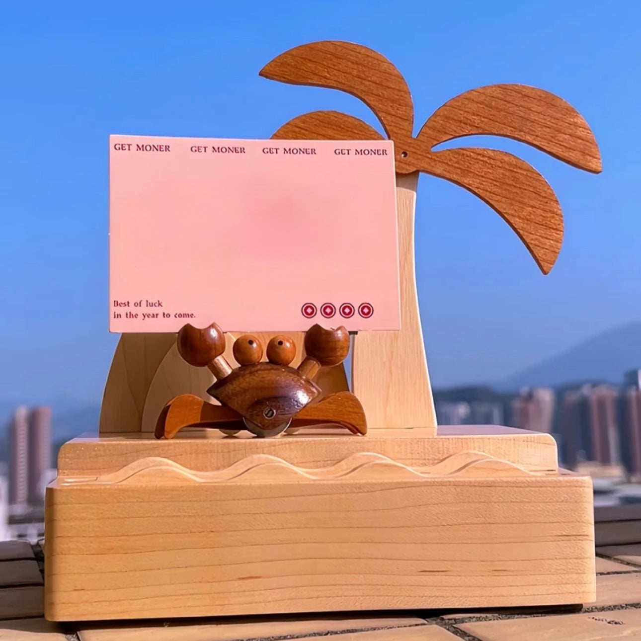 Original Lucky Crab Island Wooden Postcard Holder – Solid Wood Beach Desk Decor