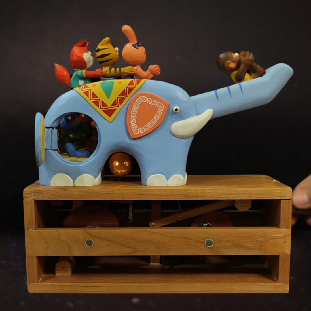 Hand-carved Wood Elephant Slide Automata: A Nostalgic Ride