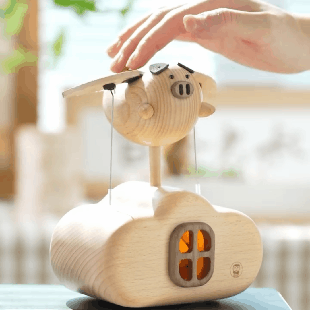 Original Flying Pig Cloud House Wooden Night Light – Handcrafted Winged Pig Desk Decor