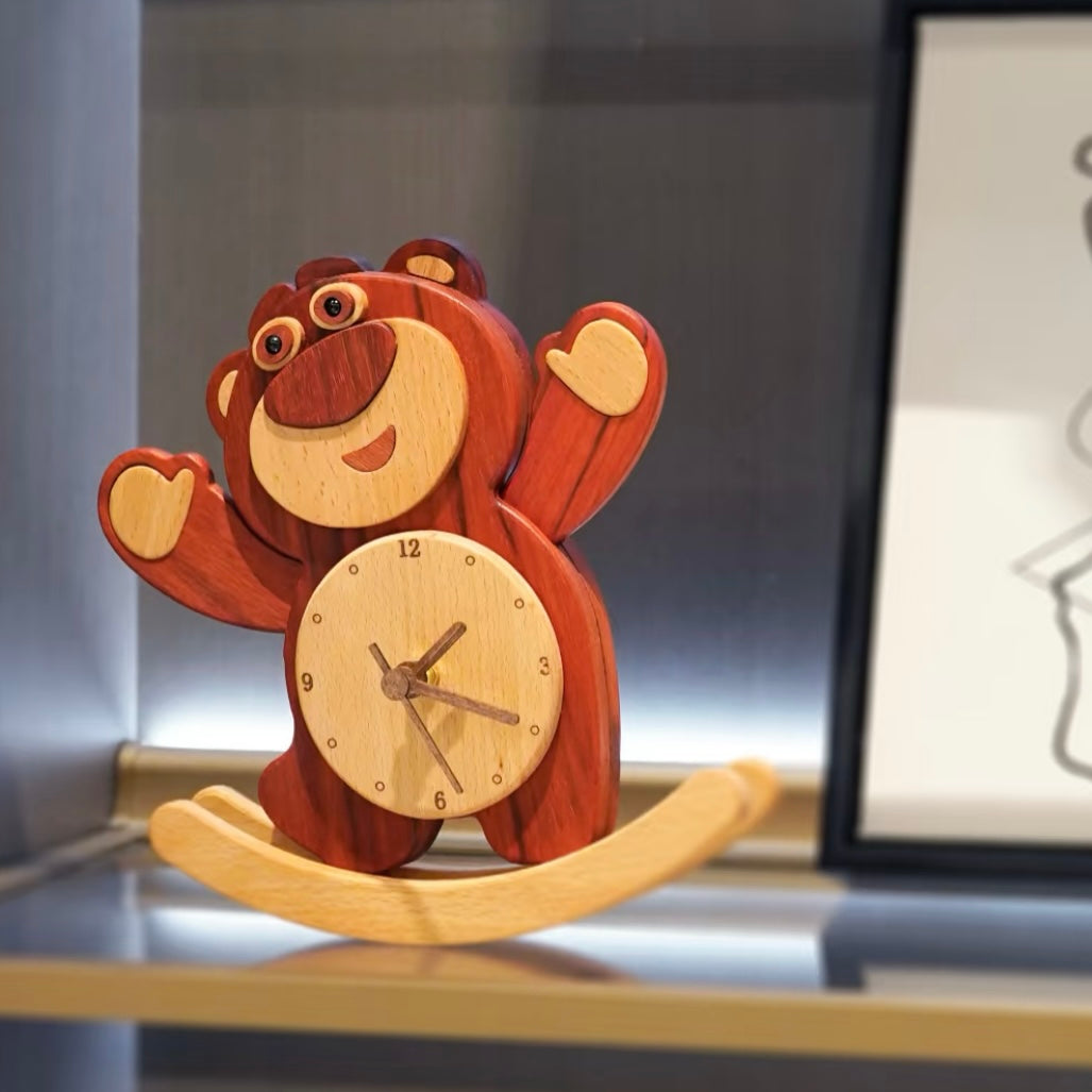 Disney Lotso Wooden Rocking Clock โ Handmade Solid Wood Timepiece with Swinging Motion