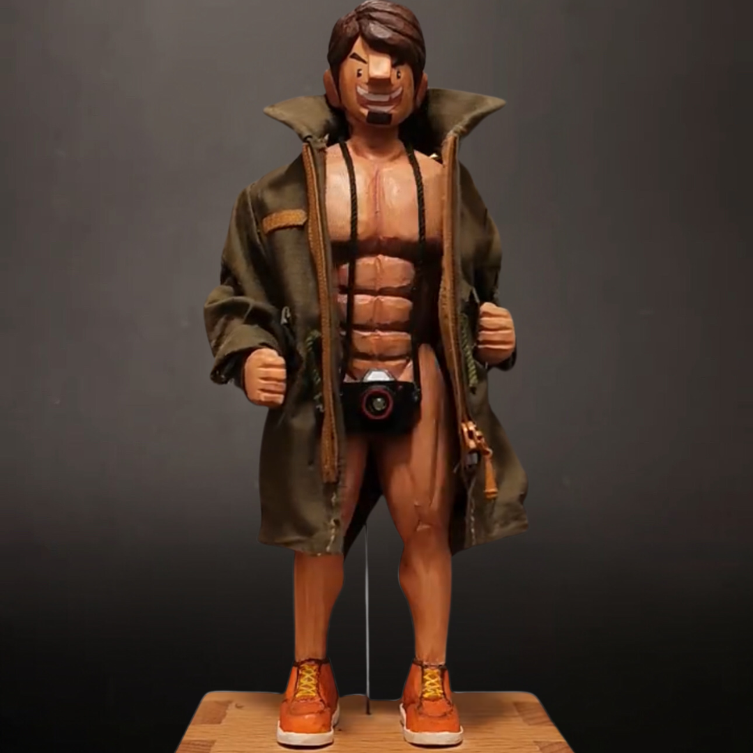 Hand-carved Wood Muscle Man Automata Lamp: Twist the Crank, Ignite the Power