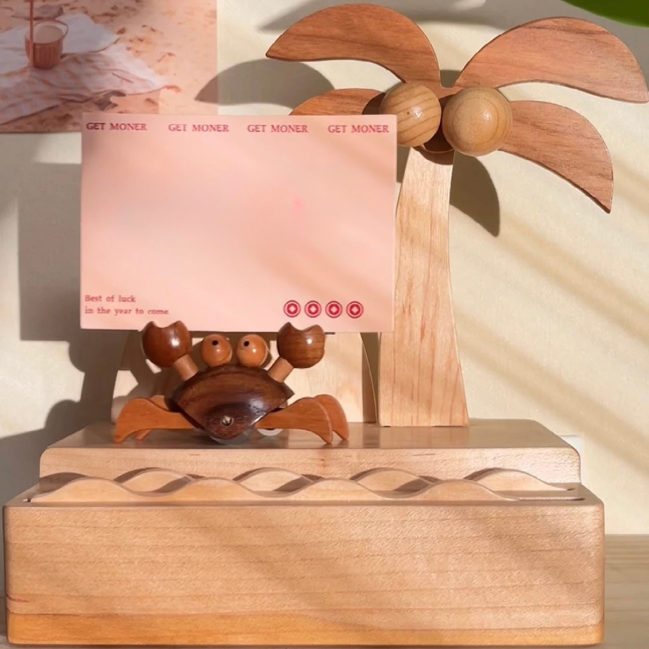 Original Lucky Crab Island Wooden Postcard Holder – Solid Wood Beach Desk Decor