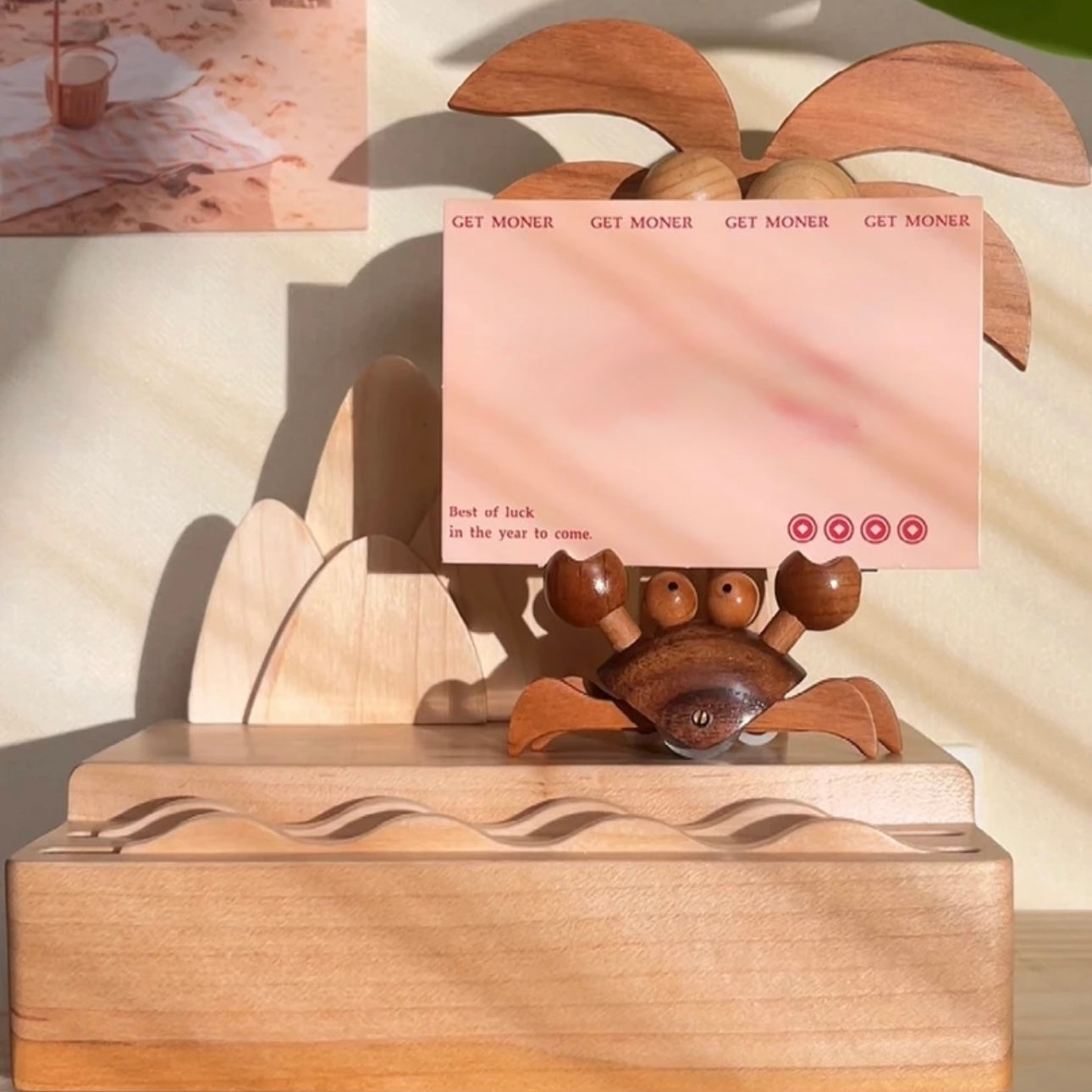 Original Lucky Crab Island Wooden Postcard Holder – Solid Wood Beach Desk Decor