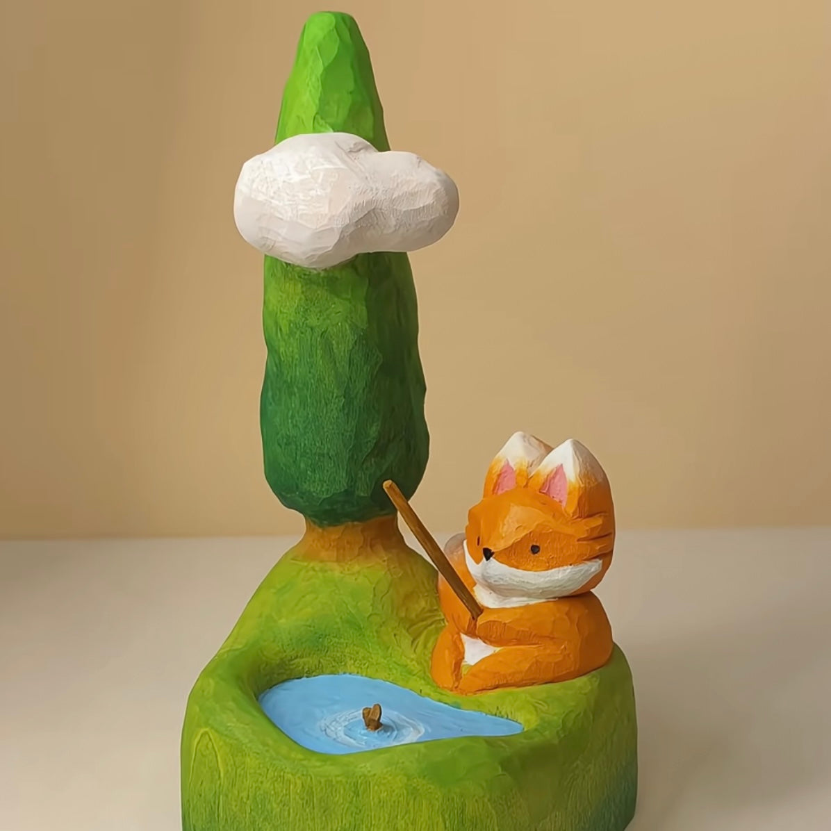 Hand-Carved Wooden Fox Fishing by a Pond – Whimsical Nature Decor