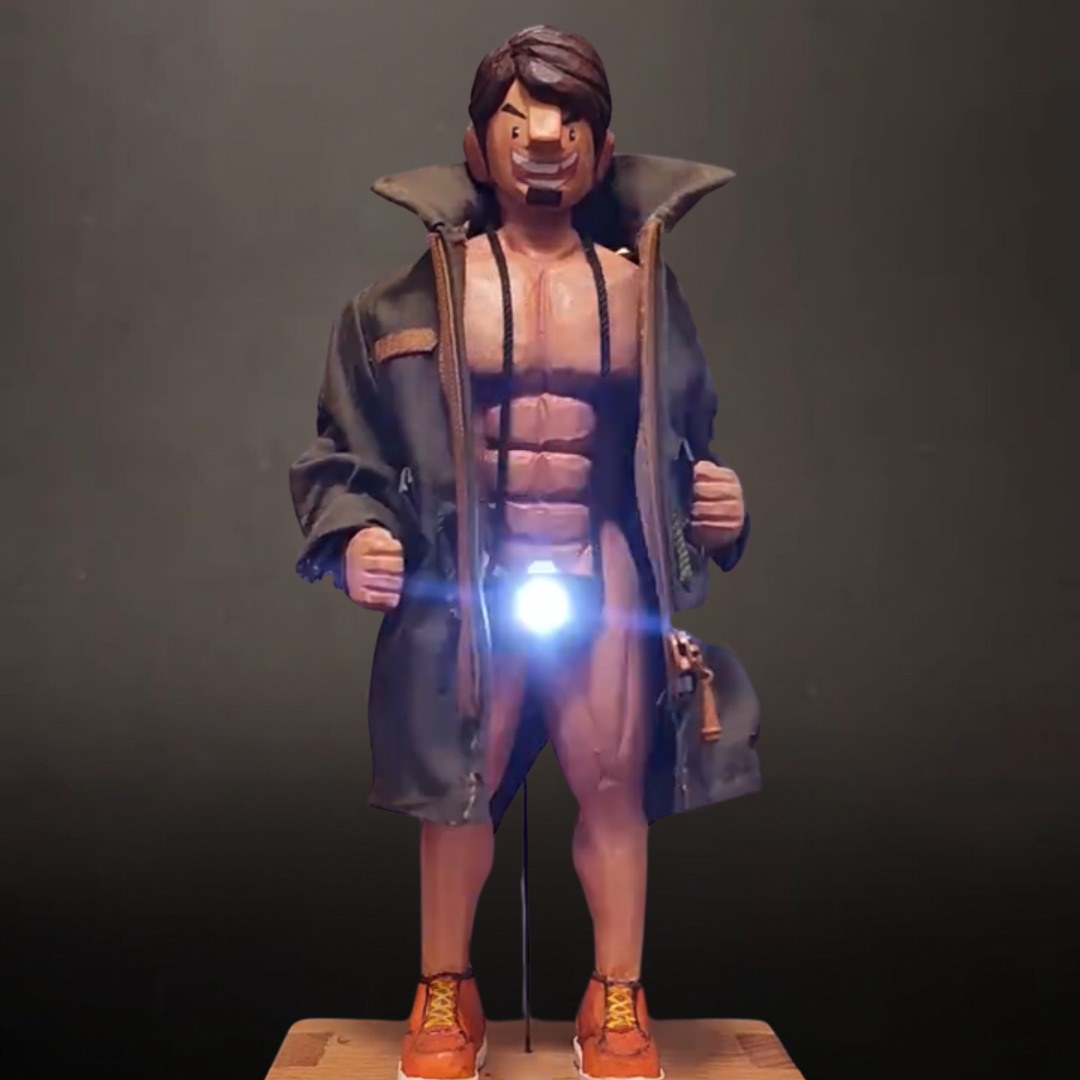 Hand-carved Wood Muscle Man Automata Lamp: Twist the Crank, Ignite the Power