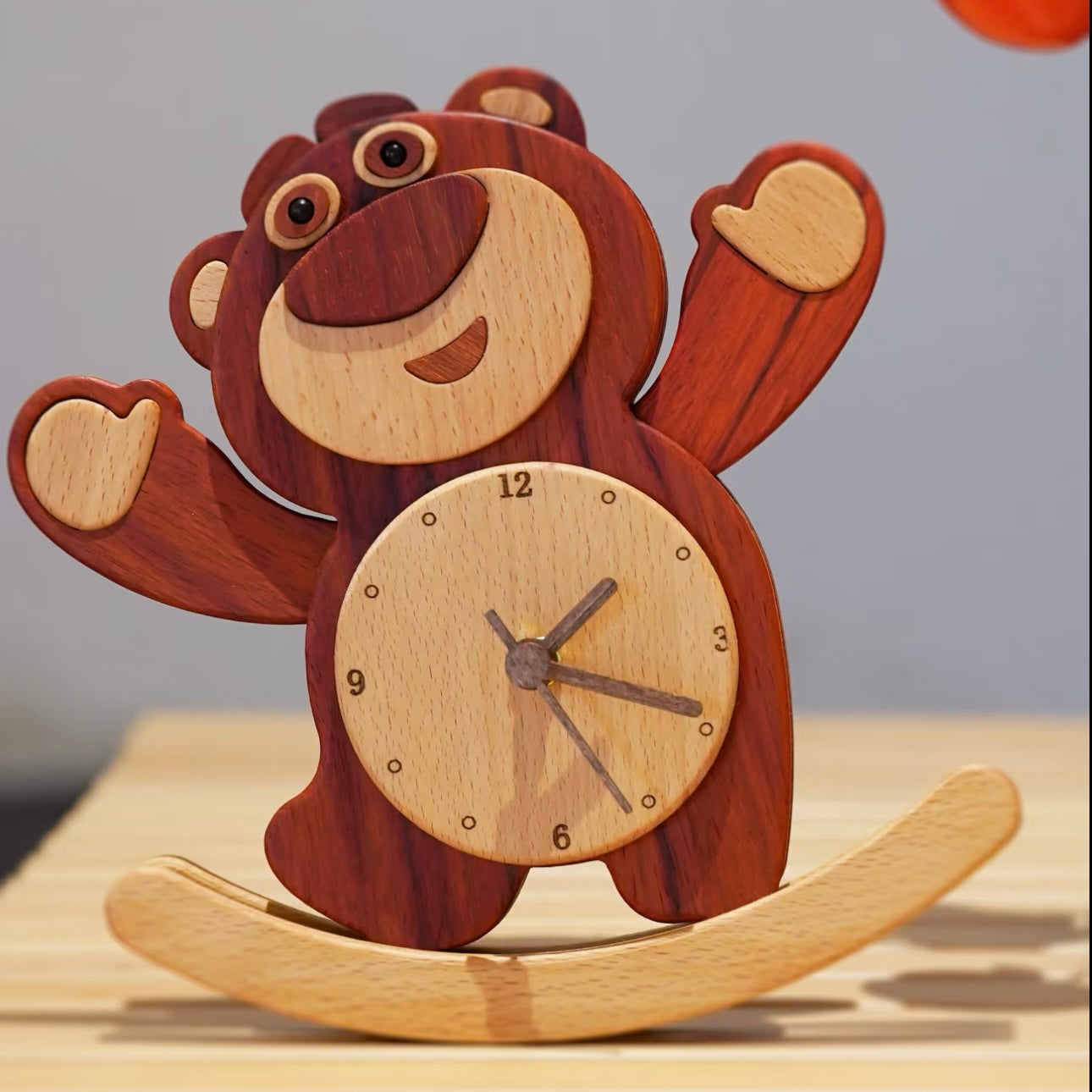 Disney Lotso Wooden Rocking Clock โ Handmade Solid Wood Timepiece with Swinging Motion