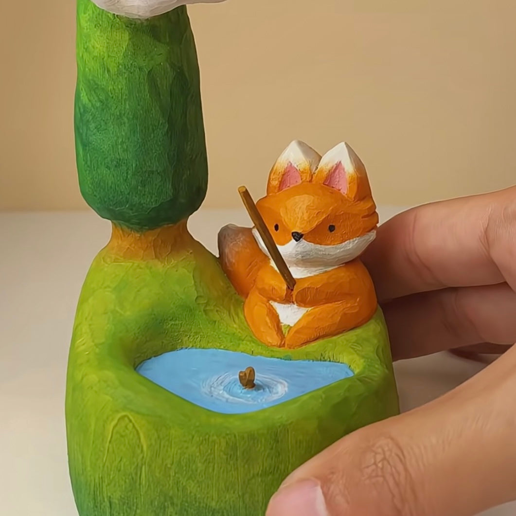 Hand-Carved Wooden Fox Fishing by a Pond – Whimsical Nature Decor
