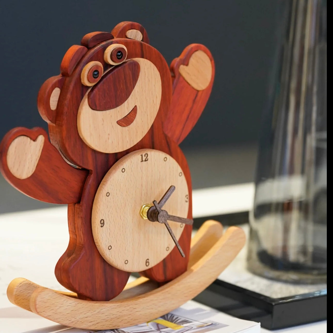 Disney Lotso Wooden Rocking Clock โ Handmade Solid Wood Timepiece with Swinging Motion