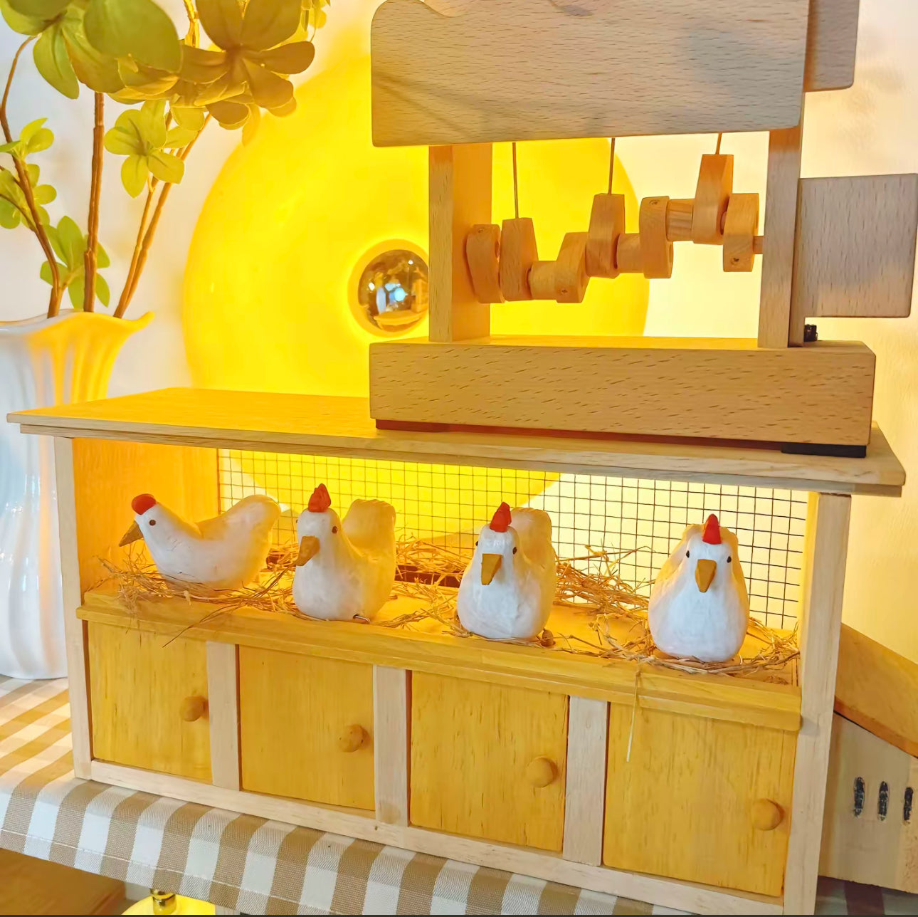 Original Handmade Wooden Chicken Coop Automata – Battery-Powered Kinetic Sculpture in Solid Beech Wood