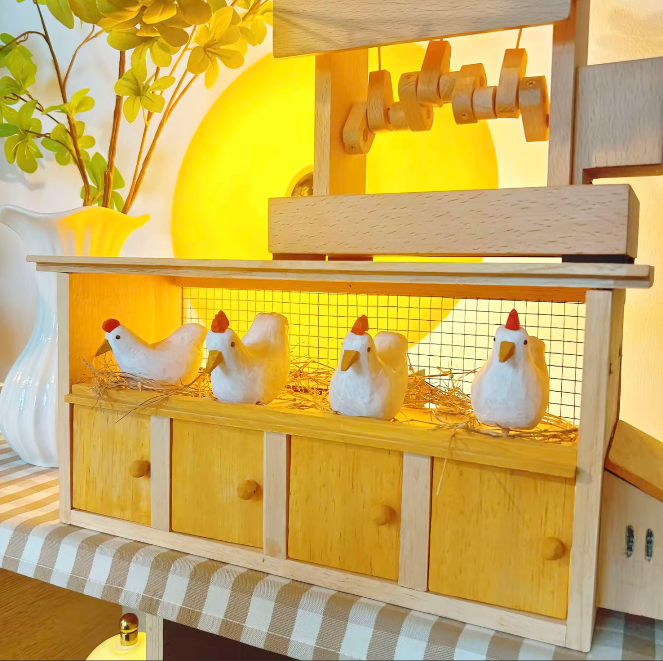 Original Handmade Wooden Chicken Coop Automata – Battery-Powered Kinetic Sculpture in Solid Beech Wood