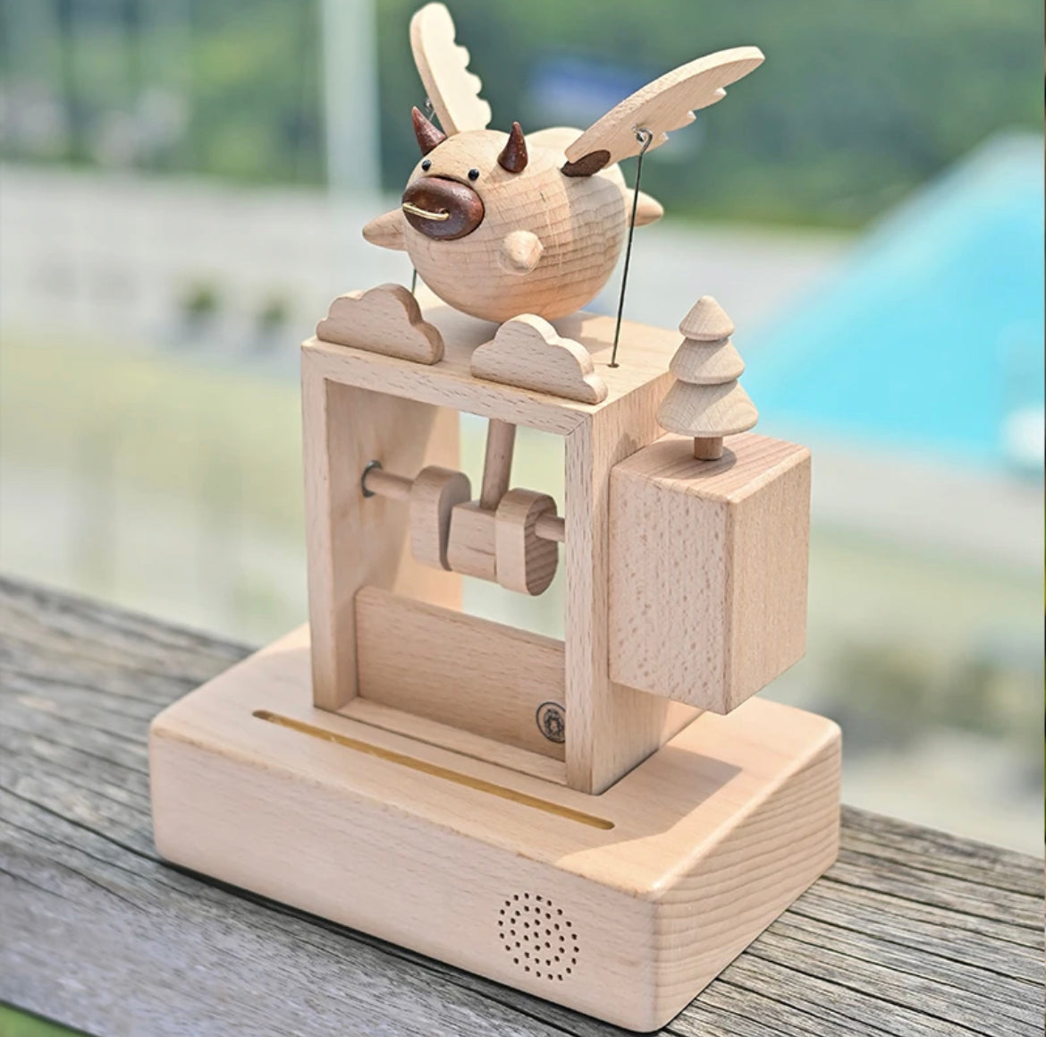 Original Handmade Wooden Craft Flying Cow with Speaker