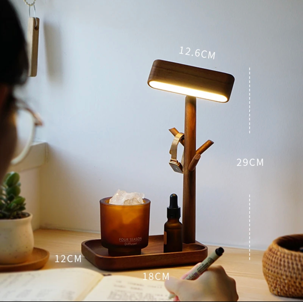 Multi-Functional Creative Walnut Desk Lamp, Small Items Storage Shelf, Study Desk Bedside Wall Lamp, Auto Memory Brightness, Eye-Care