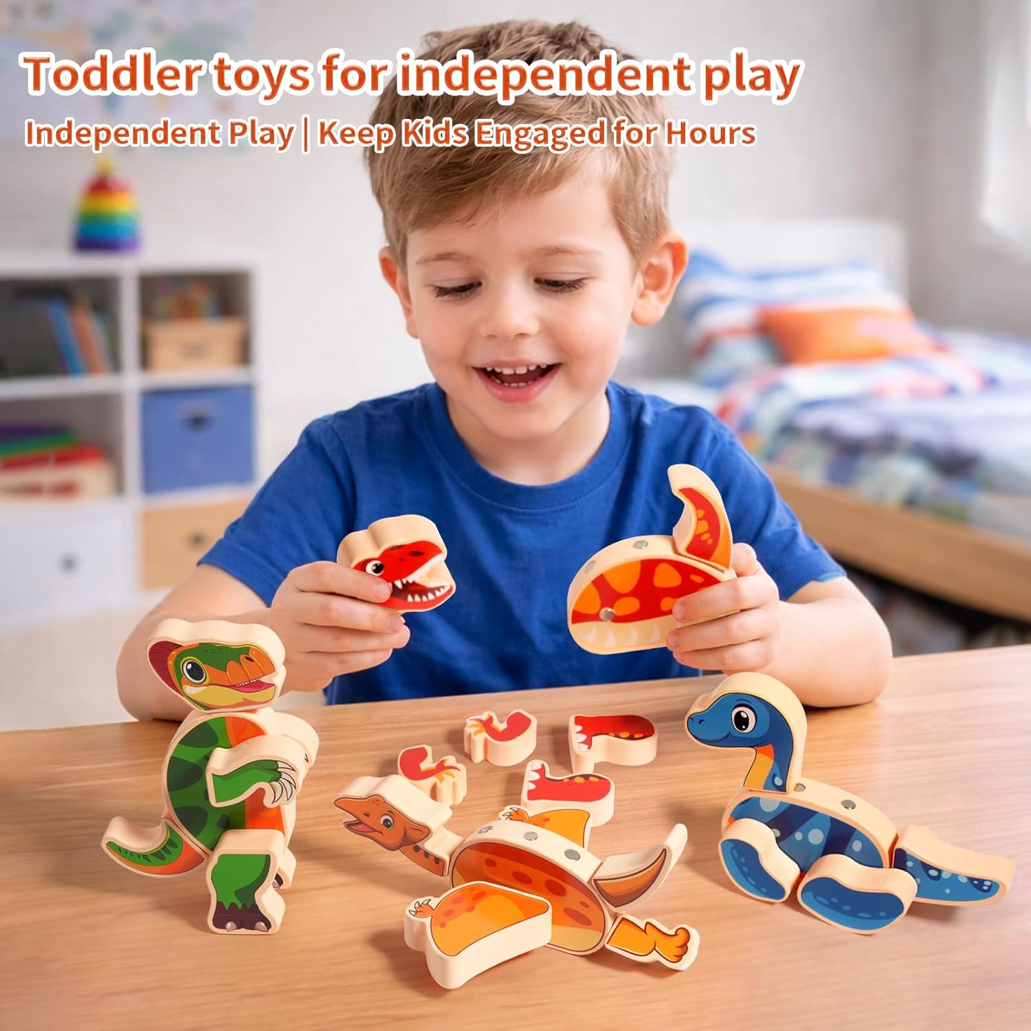 Magnetic Wooden Dinosaur Building Toy Set for Toddlers