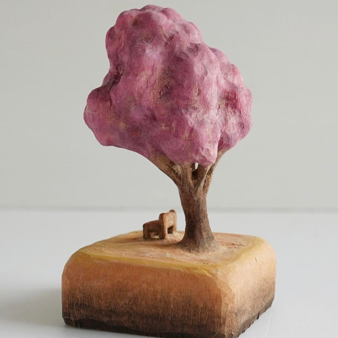 Hand-Carved Cherry Blossom Scene — A Romantic Moment Beneath the Tree