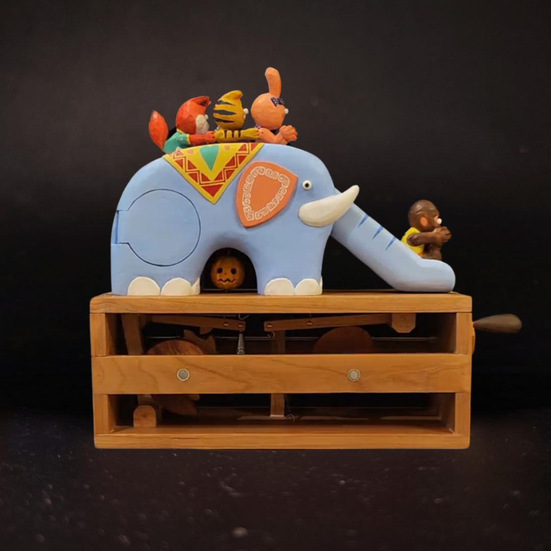 Hand-carved Wood Elephant Slide Automata: A Nostalgic Ride