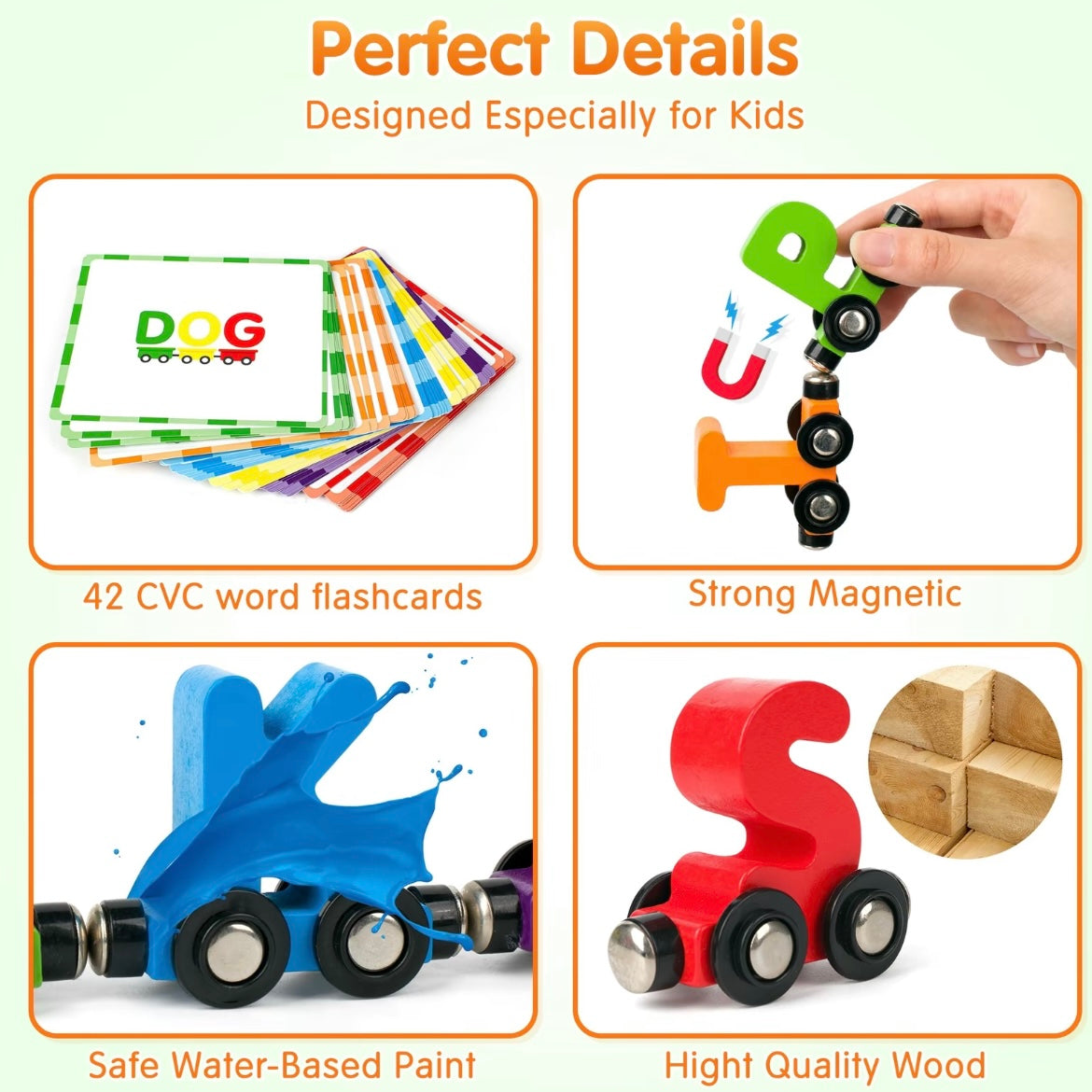 Magnetic Alphabet Train Set with Word Cards – 26 Wooden Letter Cars & 42 Flashcards for Spelling, Early Learning & STEM Play