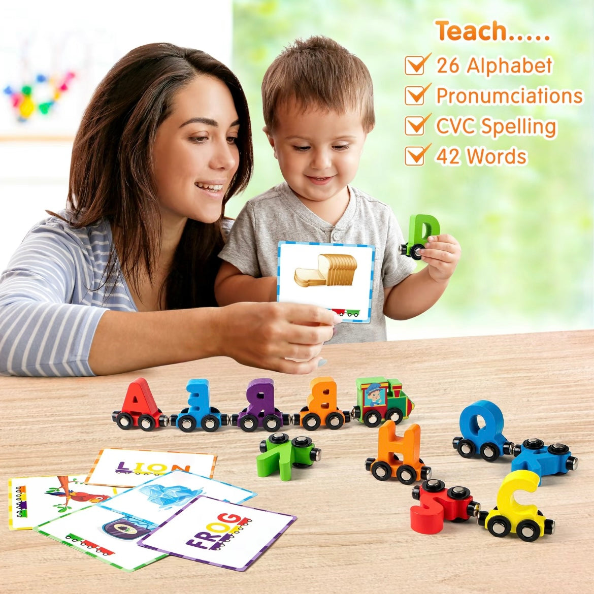 Magnetic Alphabet Train Set with Word Cards – 26 Wooden Letter Cars & 42 Flashcards for Spelling, Early Learning & STEM Play