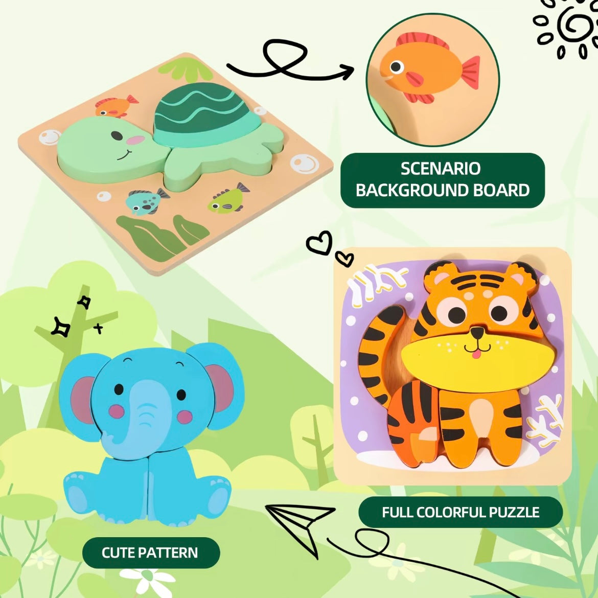 Montessori Wooden Animal Puzzle Set for Toddlers – 3D Chunky Blocks Educational Toy (6pcs)