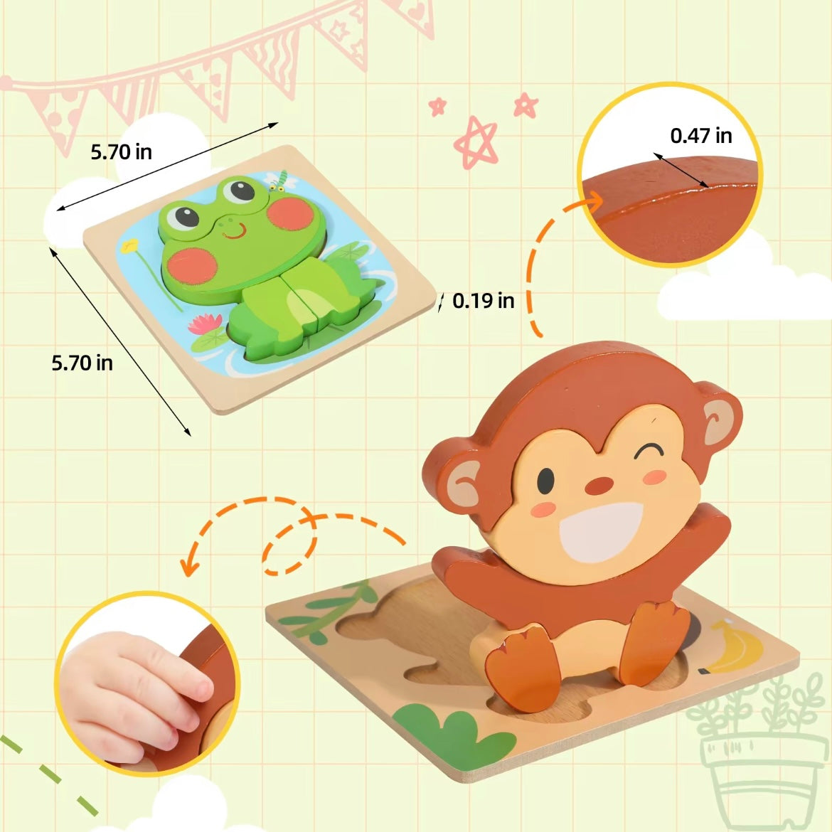 Montessori Wooden Animal Puzzle Set for Toddlers – 3D Chunky Blocks Educational Toy (6pcs)