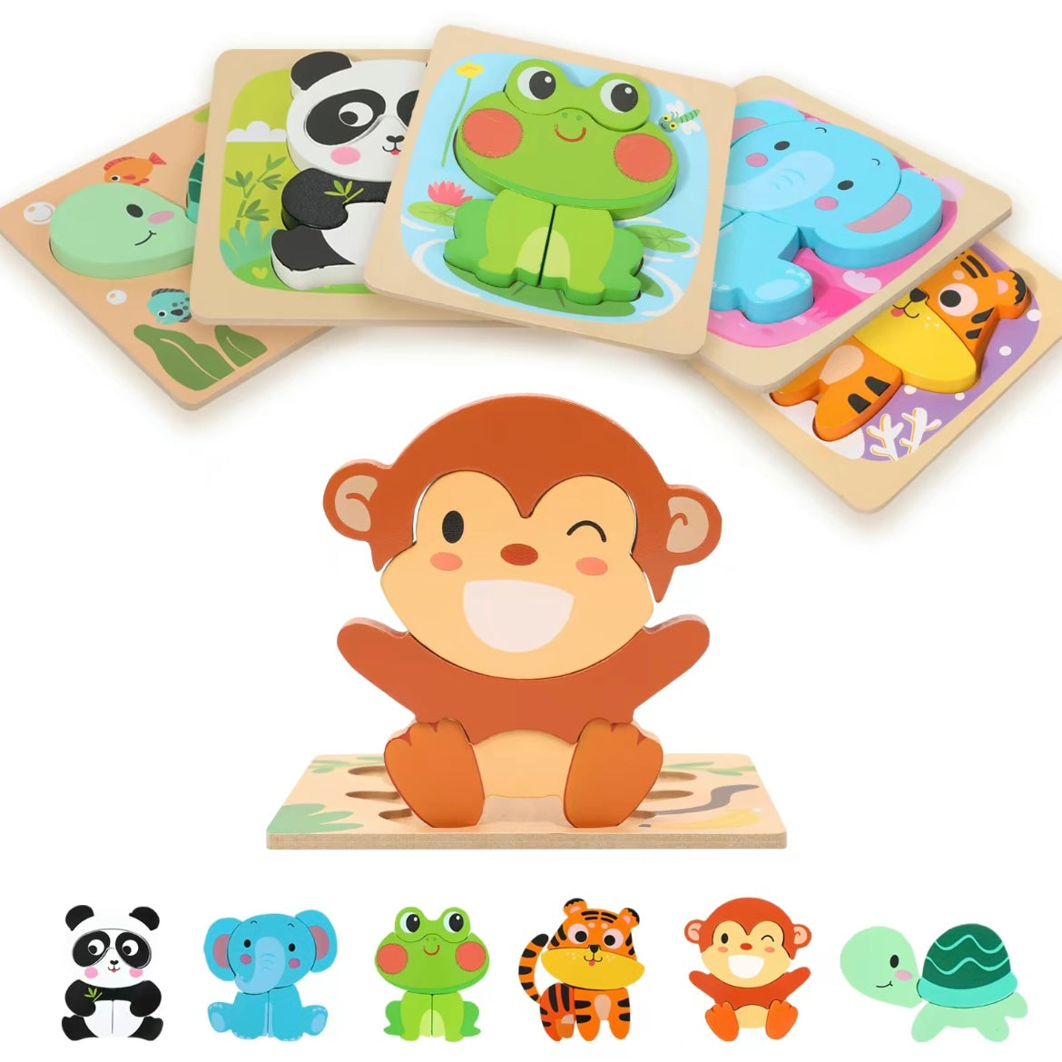 Montessori Wooden Animal Puzzle Set for Toddlers – 3D Chunky Blocks Educational Toy (6pcs)