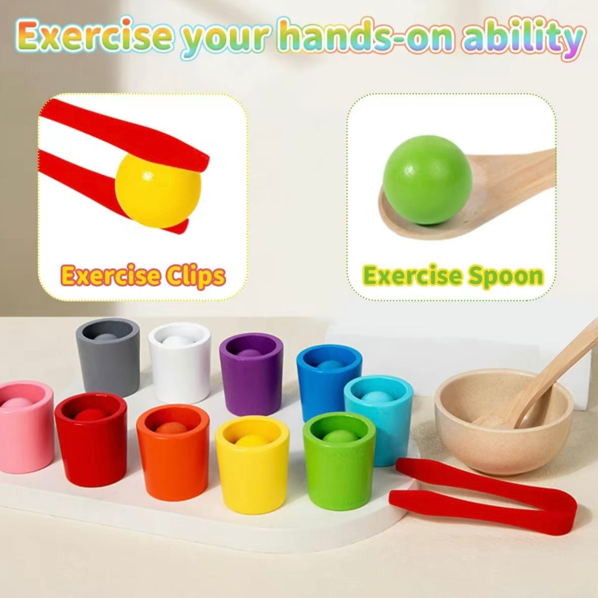 Wooden Rainbow Balls & Cups Matching Game – Montessori Color Sorting Toy for Toddlers 3+, Early STEM Learning & Fine Motor Skills