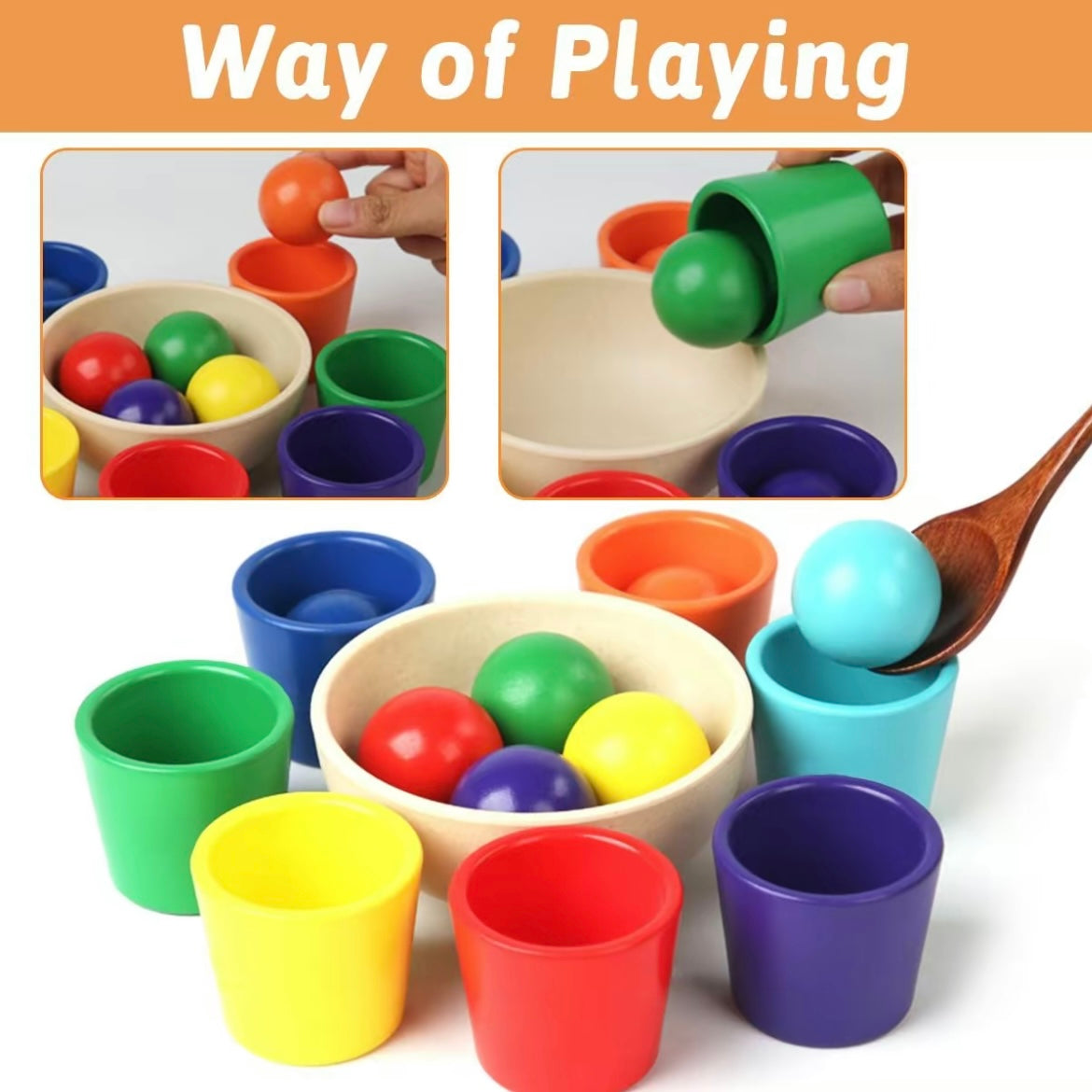 Wooden Rainbow Balls & Cups Matching Game – Montessori Color Sorting Toy for Toddlers 3+, Early STEM Learning & Fine Motor Skills