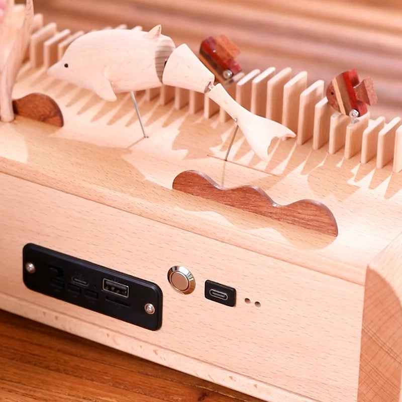 Handcrafted Automata Dolphin-Themed Wooden Bluetooth Speaker with Ambient Lighting