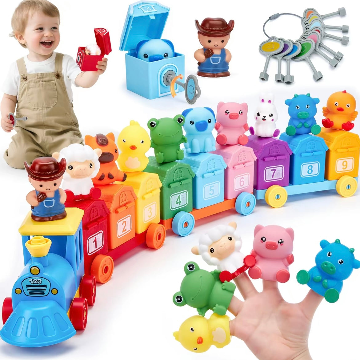Montessori Farm Lock & Key Train — Early Learning Toy for Colors, Numbers & Animals