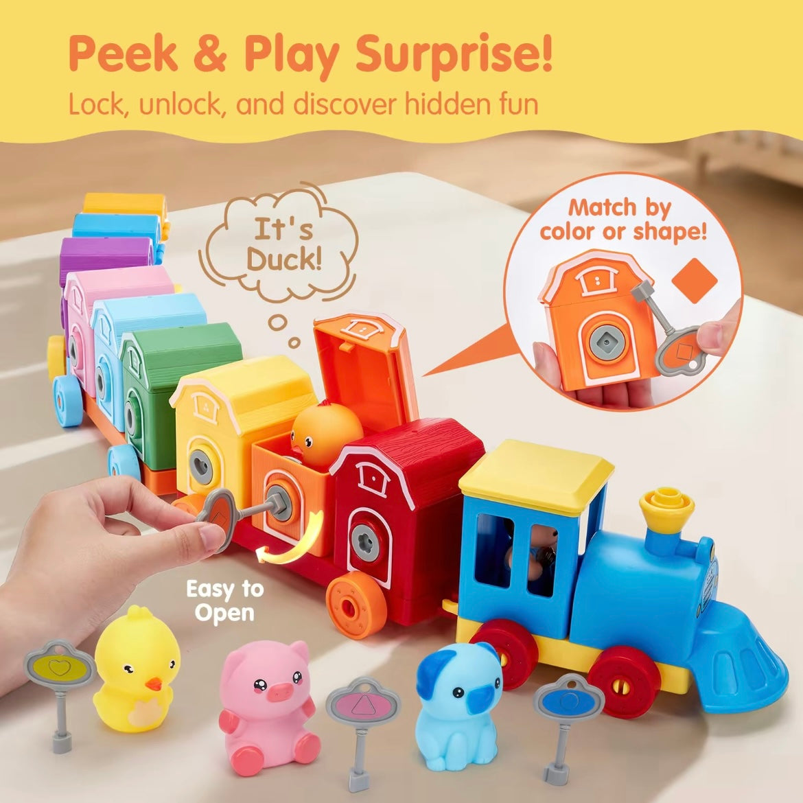Montessori Farm Lock & Key Train — Early Learning Toy for Colors, Numbers & Animals