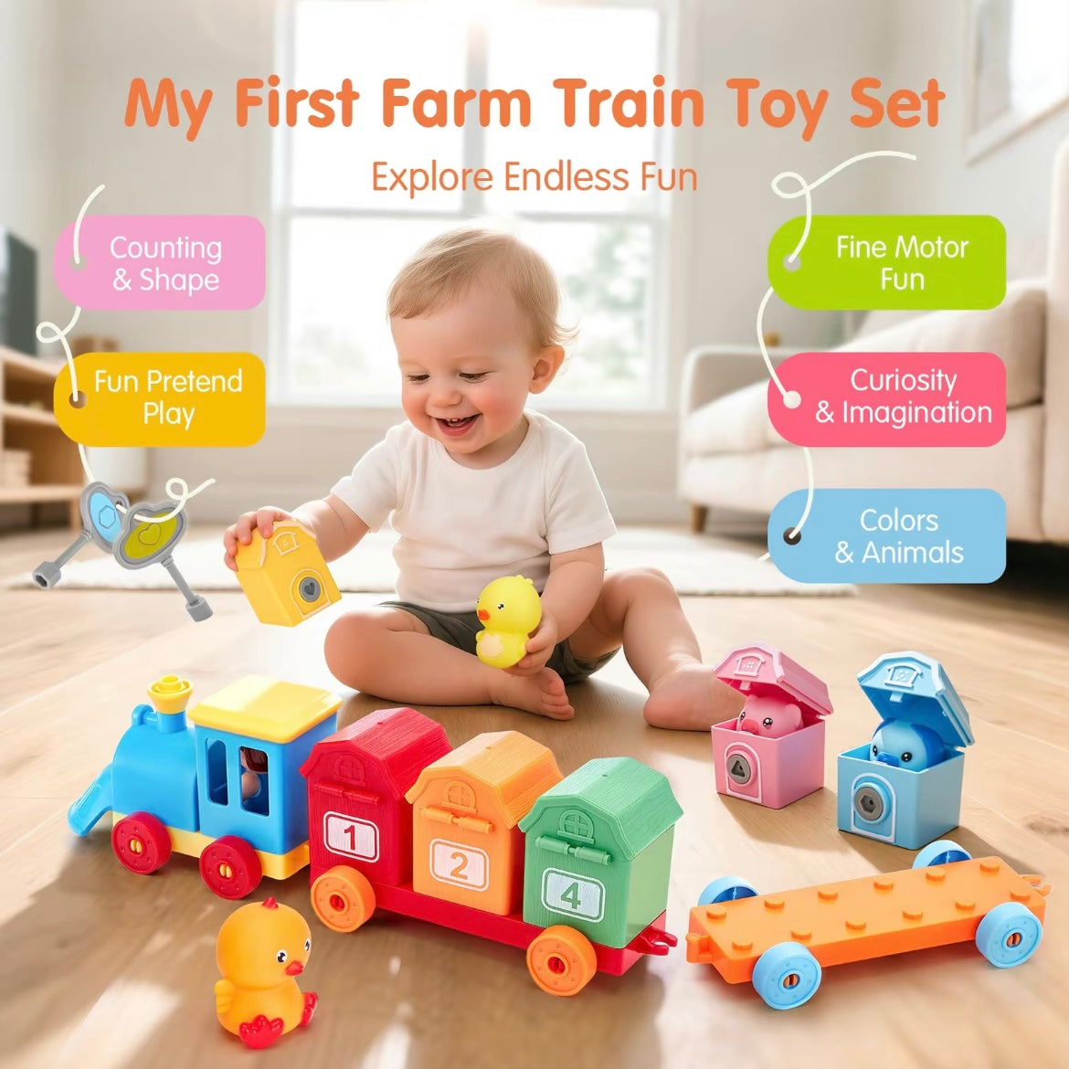 Montessori Farm Lock & Key Train — Early Learning Toy for Colors, Numbers & Animals