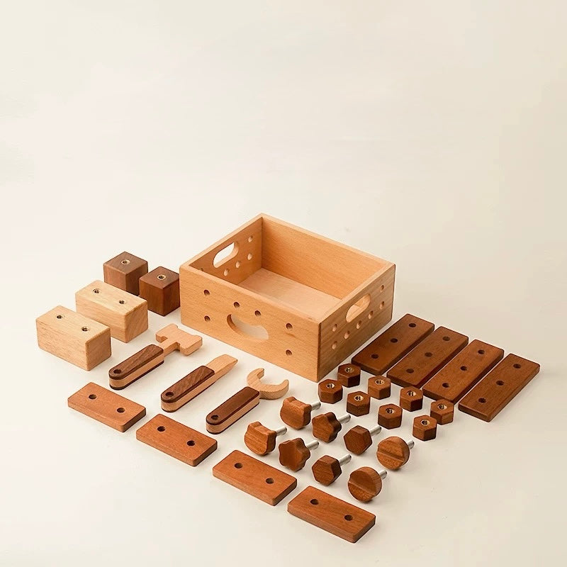 Montessori Wooden Tool & Screw Kit – Handcrafted Building Set for Kids with Natural Wood Pieces