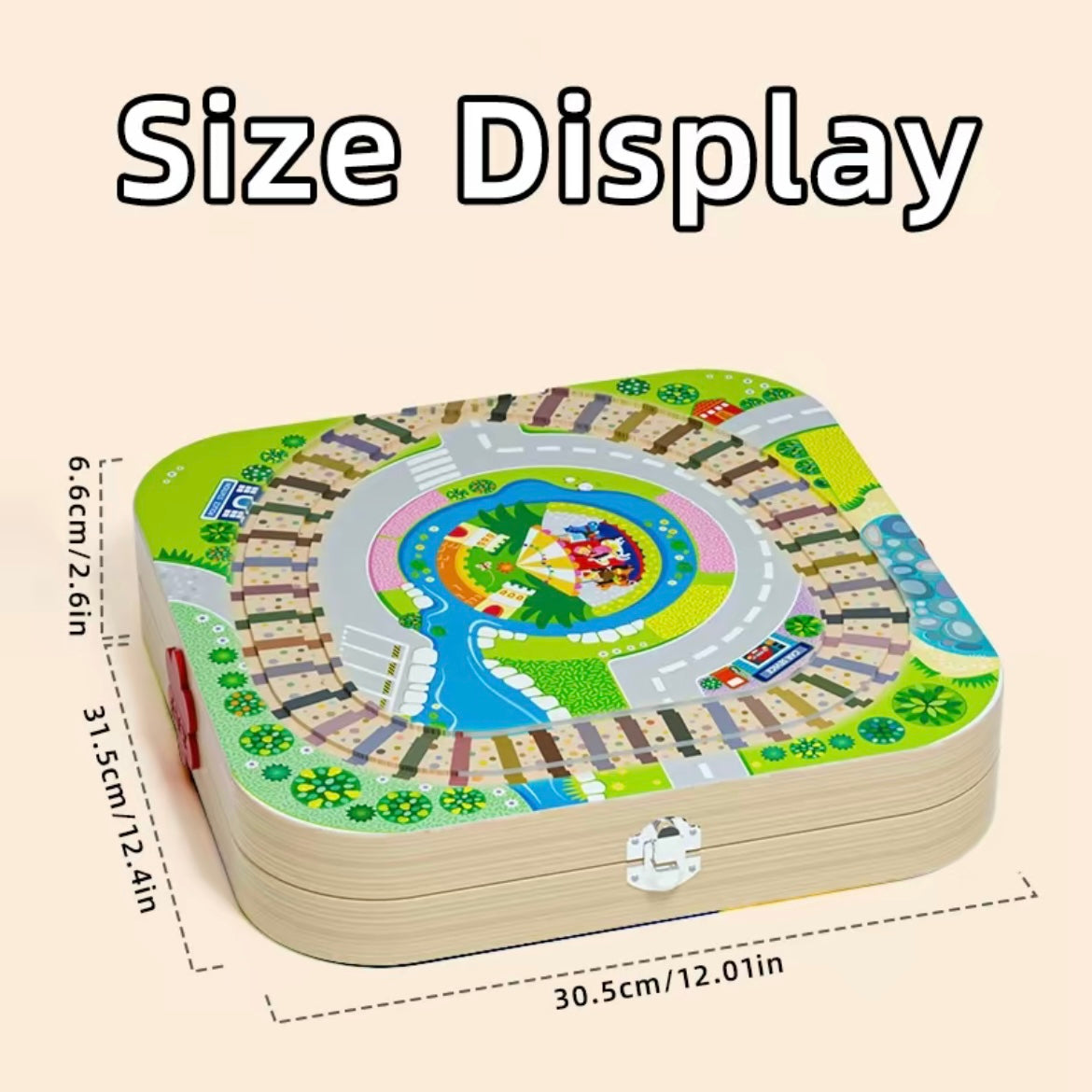 Wooden City Train Track Playset with Electric Locomotive & Building Blocks – Foldable Storage Table