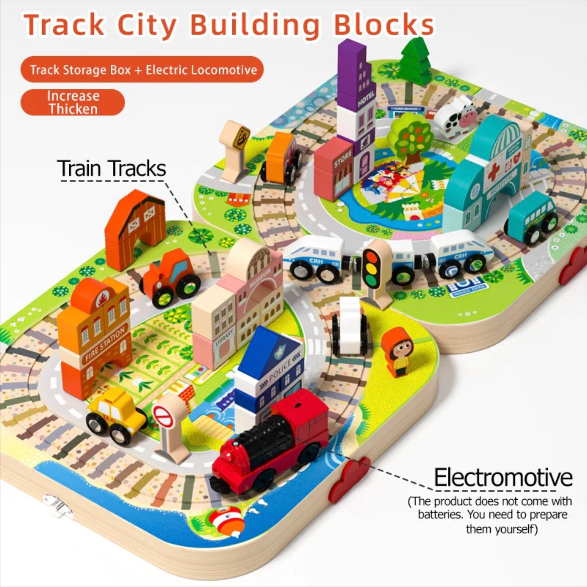 Wooden City Train Track Playset with Electric Locomotive & Building Blocks – Foldable Storage Table