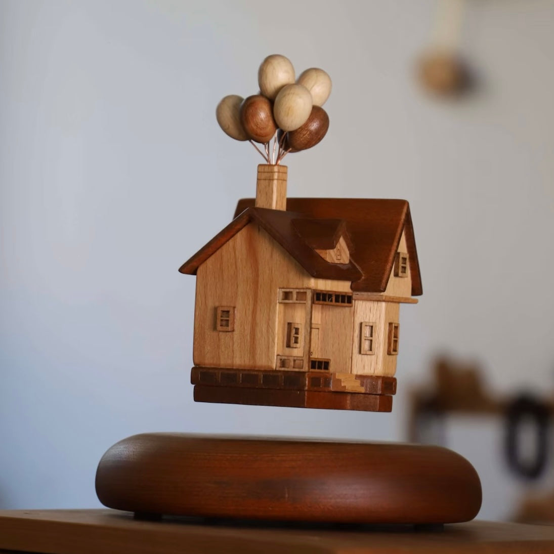 Up-Inspired Magnetic Levitating House Ornament – Floating Wooden Balloon House, Unique Home Decor Gift for Dreamers