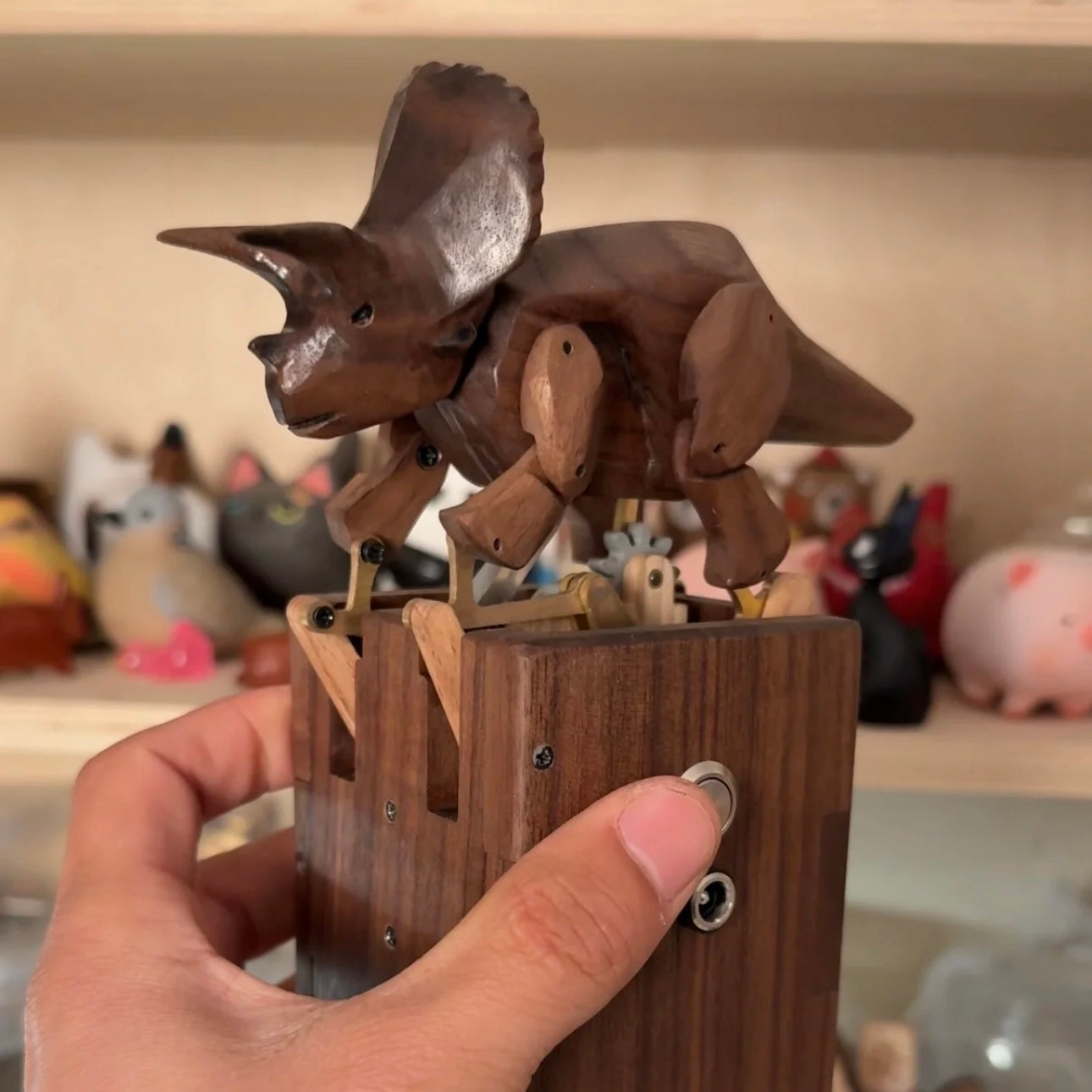Original TriceraTrot: Handcrafted Wooden Dinosaur Automata