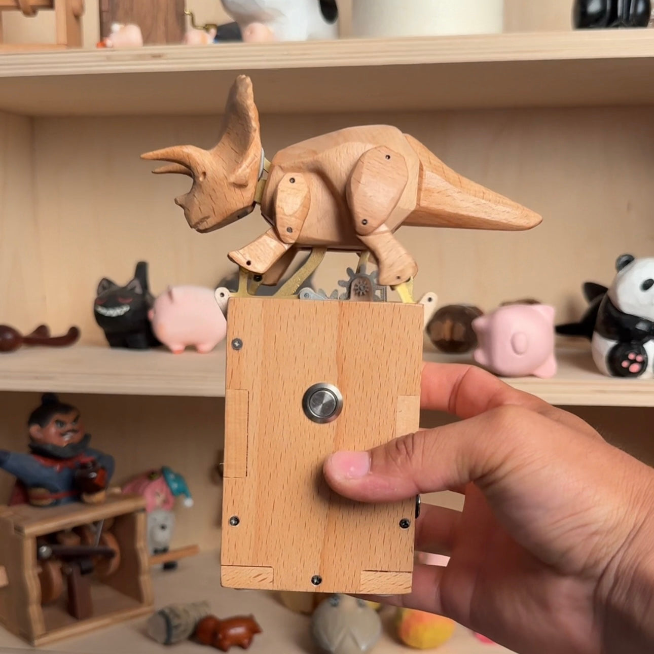Original TriceraTrot: Handcrafted Wooden Dinosaur Automata
