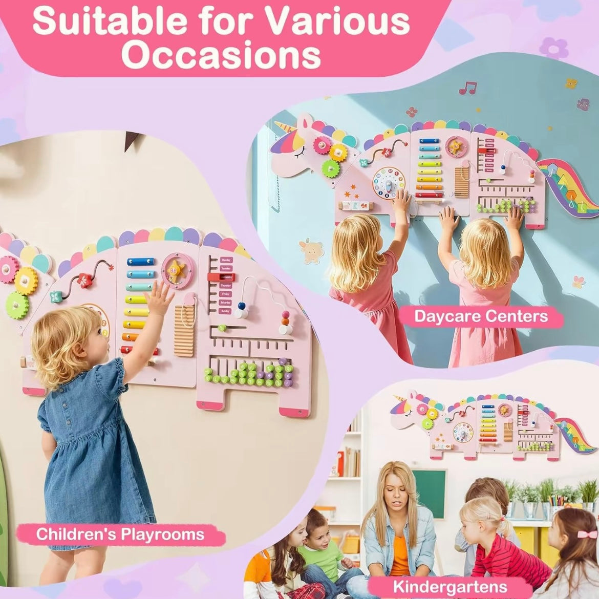 Montessori Wall-Mounted Busy Board for Toddlers – Unicorn & Dinosaur Wooden Sensory Activity Board