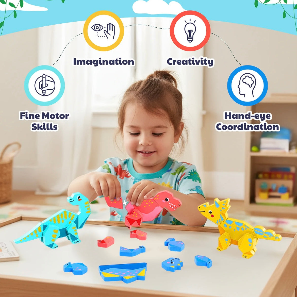 Magnetic Wooden Dinosaur Building Toy Set for Toddlers