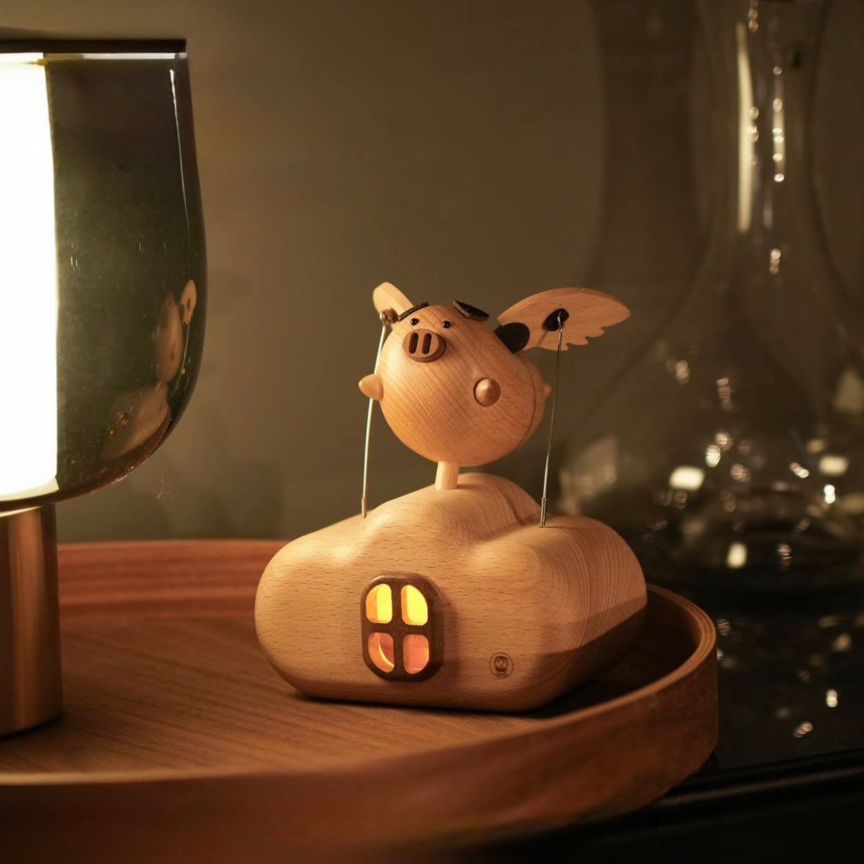 Original Flying Pig Cloud House Wooden Night Light – Handcrafted Winged Pig Desk Decor