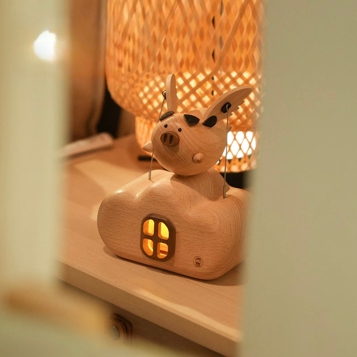 Original Flying Pig Cloud House Wooden Night Light – Handcrafted Winged Pig Desk Decor