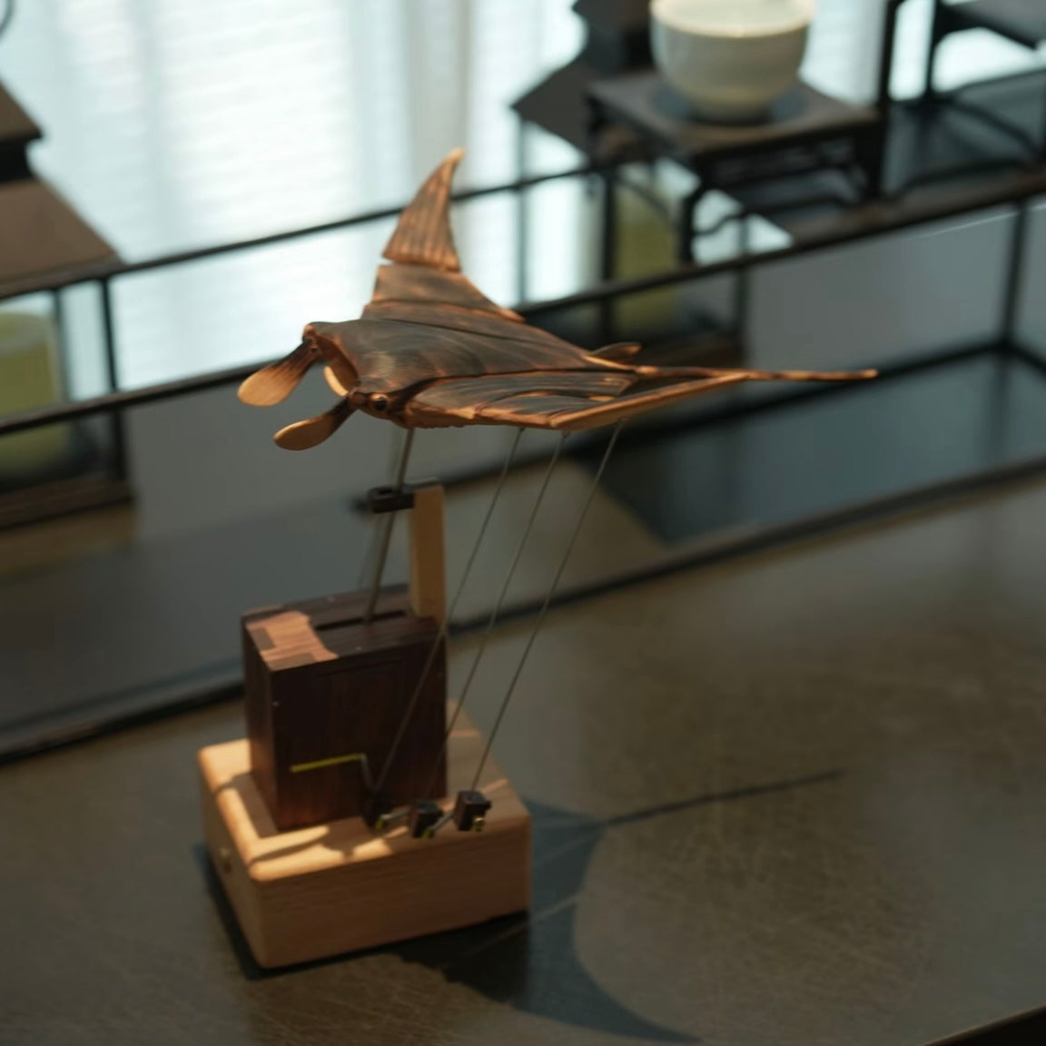 Original Handcrafted Wooden Manta Ray Automata – Smooth Gliding Motion Inspired by Ocean Grace