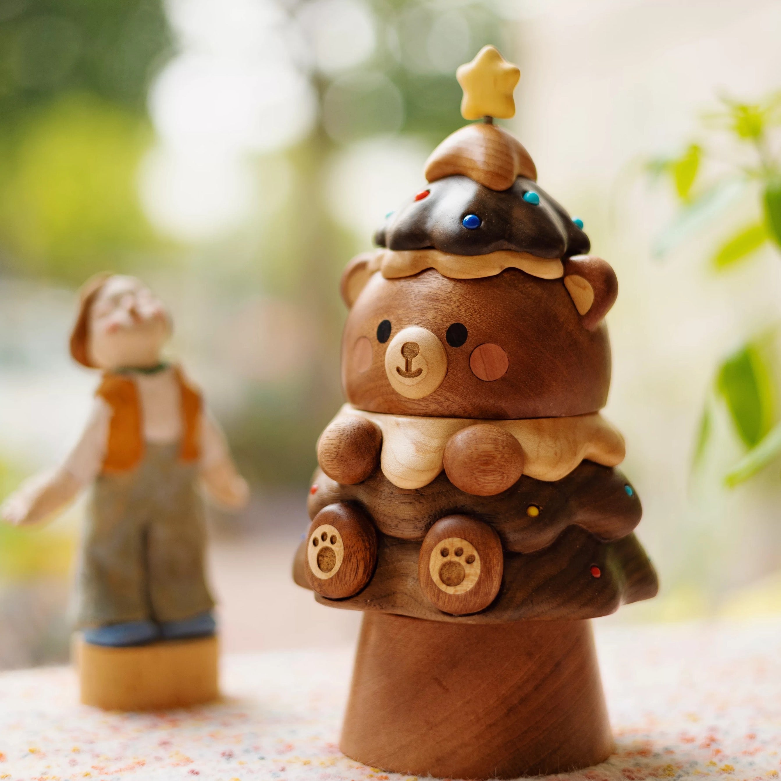 Original Handcrafted Wooden Bear Christmas Tree Music Box — Wind-Up Holiday Keepsake