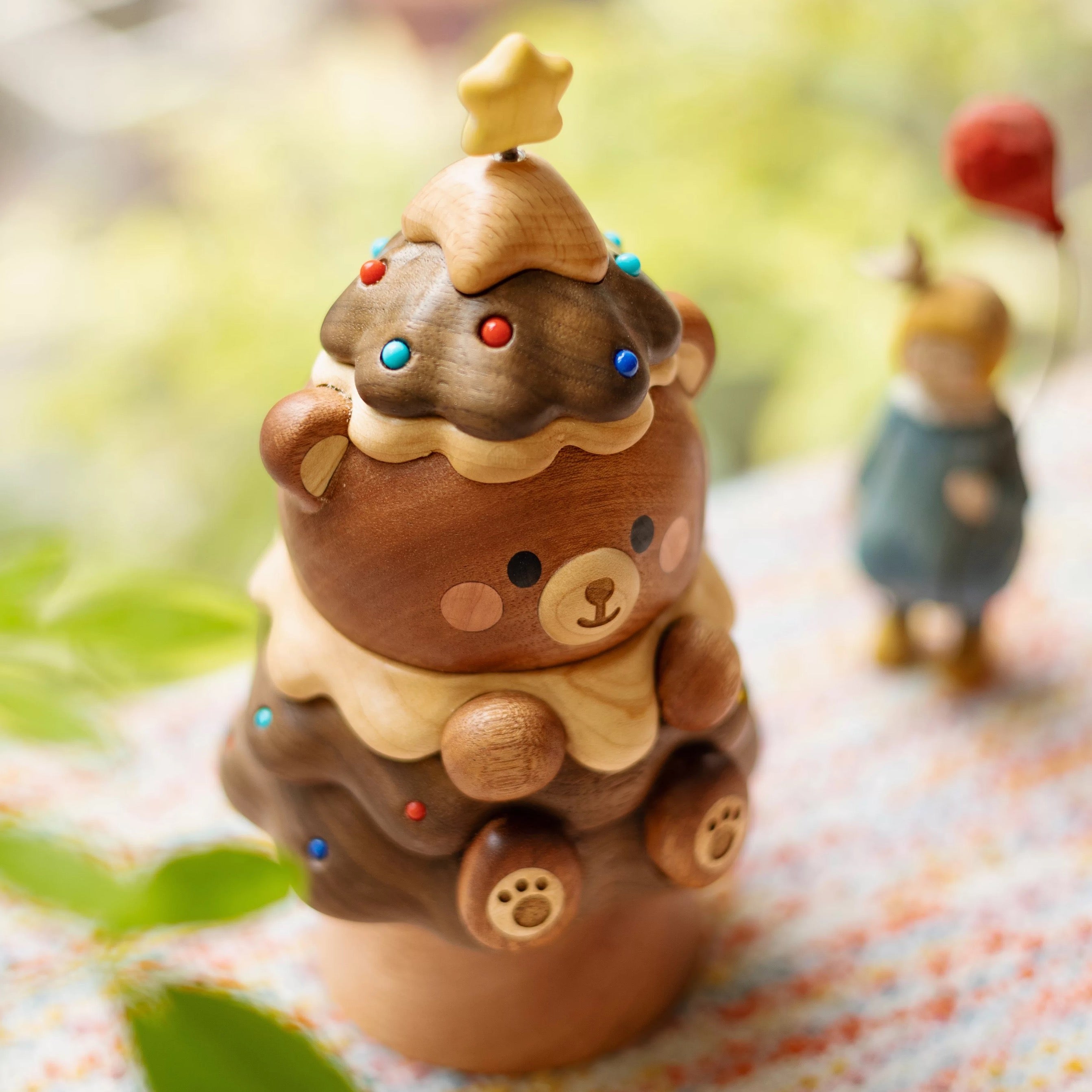 Original Handcrafted Wooden Bear Christmas Tree Music Box — Wind-Up Holiday Keepsake