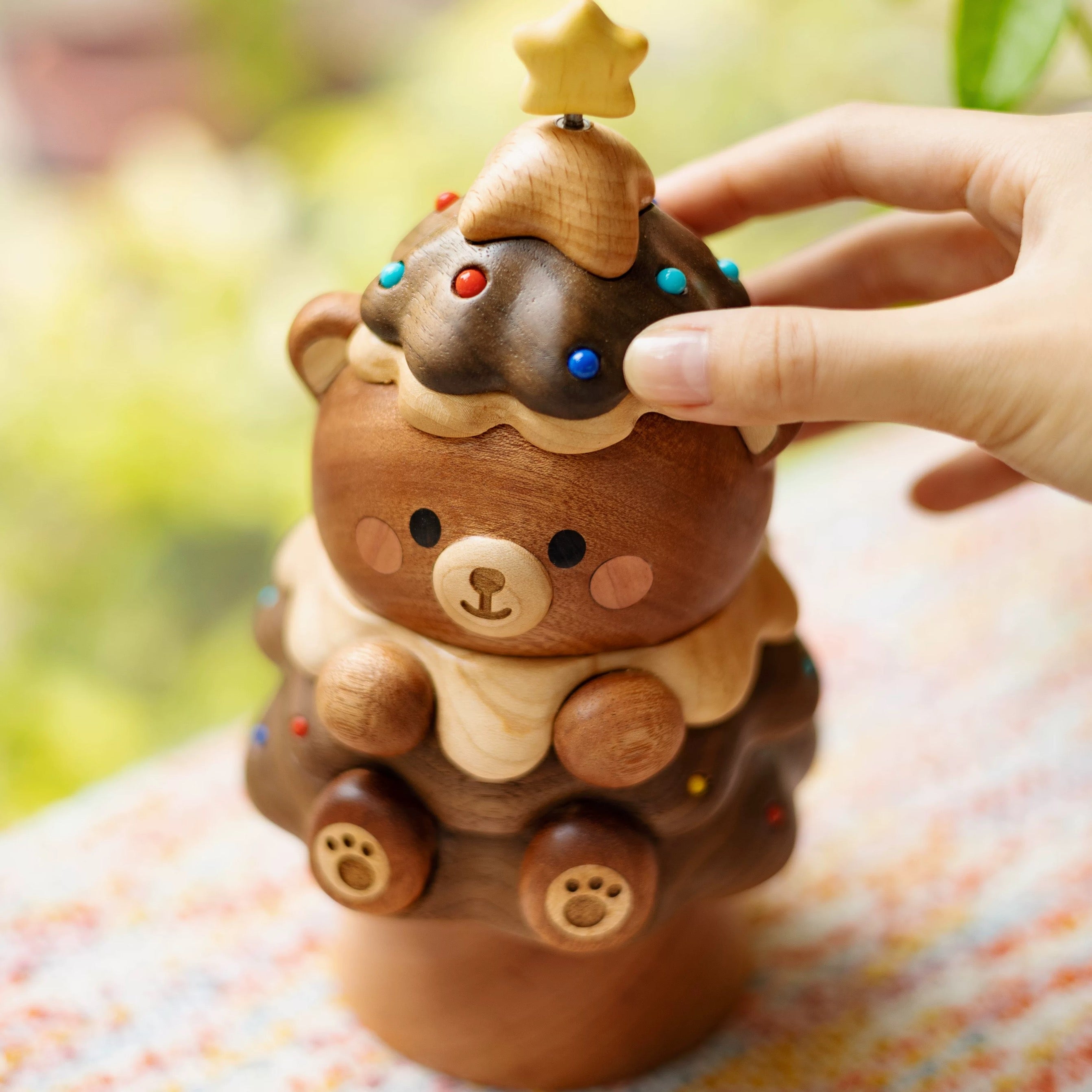 Original Handcrafted Wooden Bear Christmas Tree Music Box — Wind-Up Holiday Keepsake