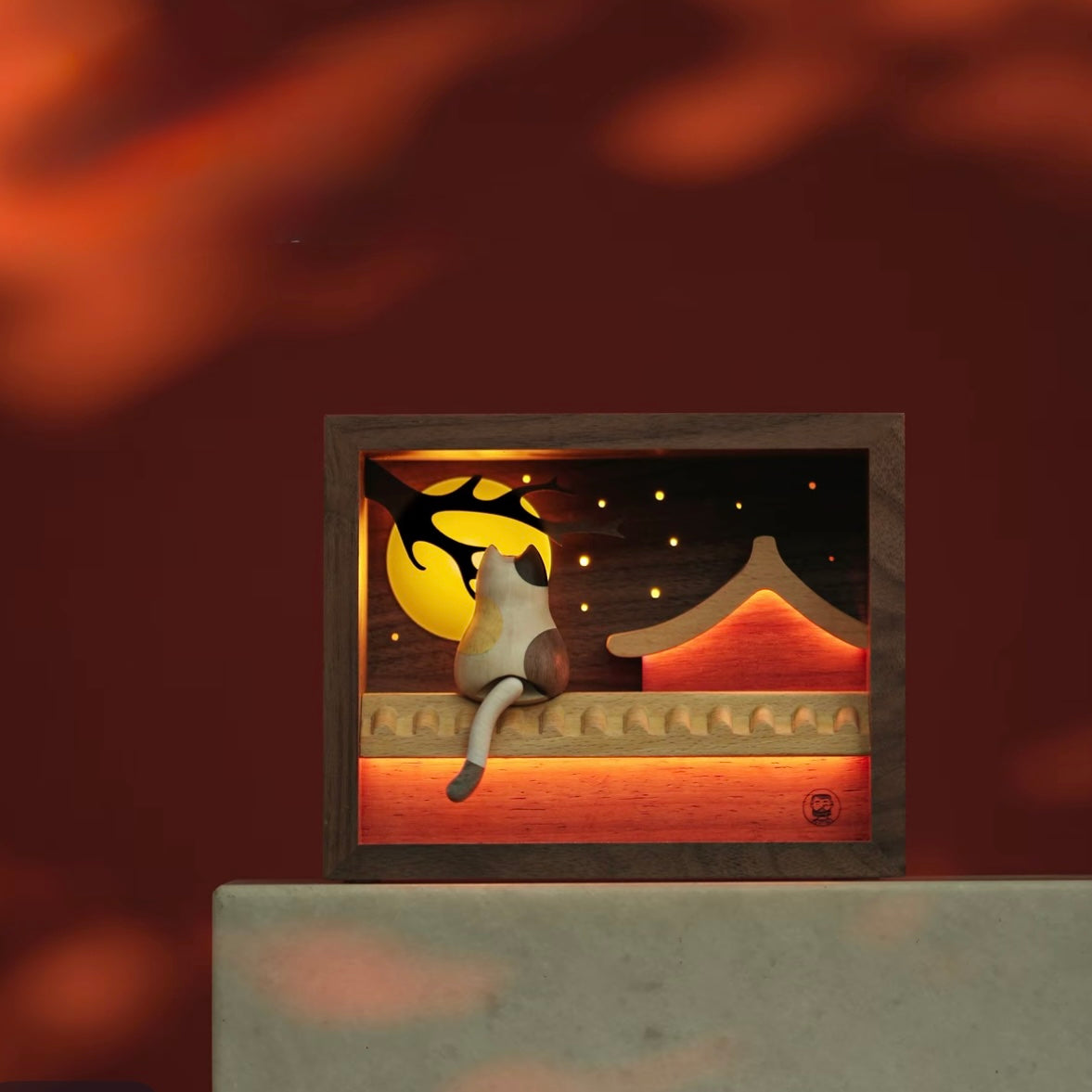 Moonlight Rooftop Cat – Handcrafted Wooden Night Light