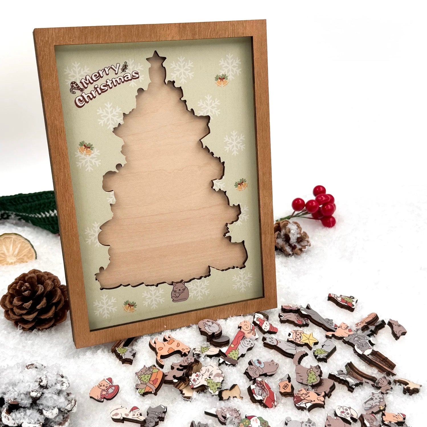Cat Christmas Tree Framed Wooden Jigsaw Puzzle – Holiday Decor Wall Art with Clear Acrylic Cover