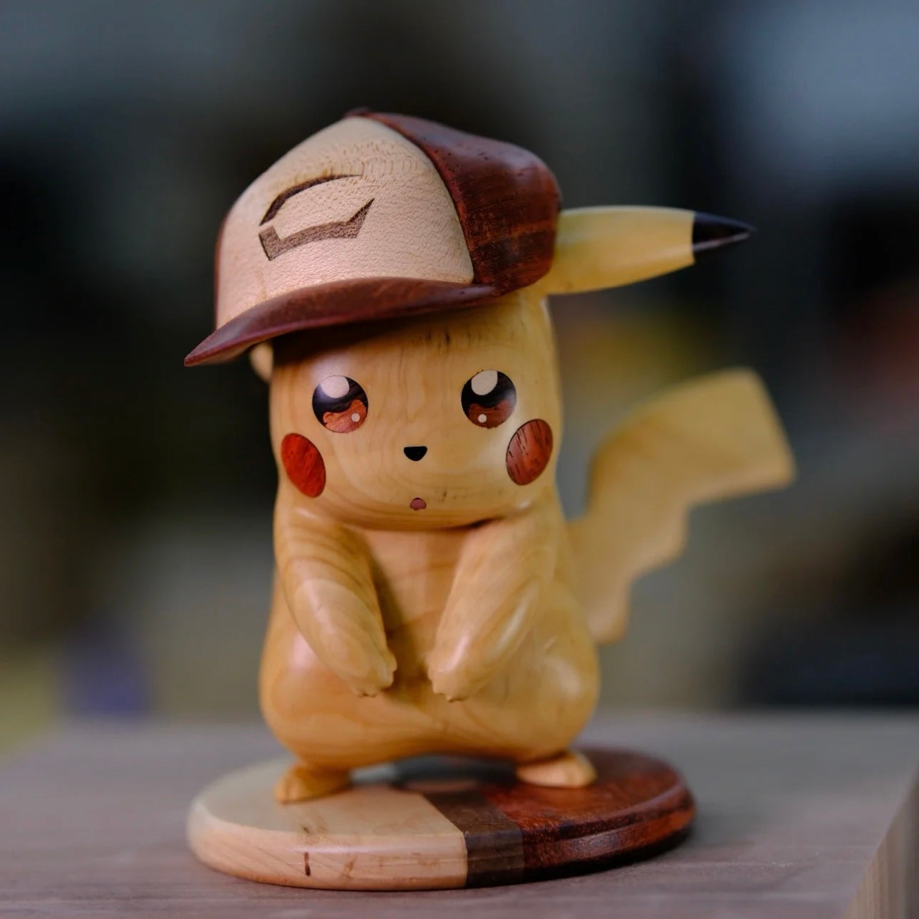 Hand-Carved Boxwood Pokemon-Inspired Pikachu Figurine – Artisan Wooden Collectible Decor