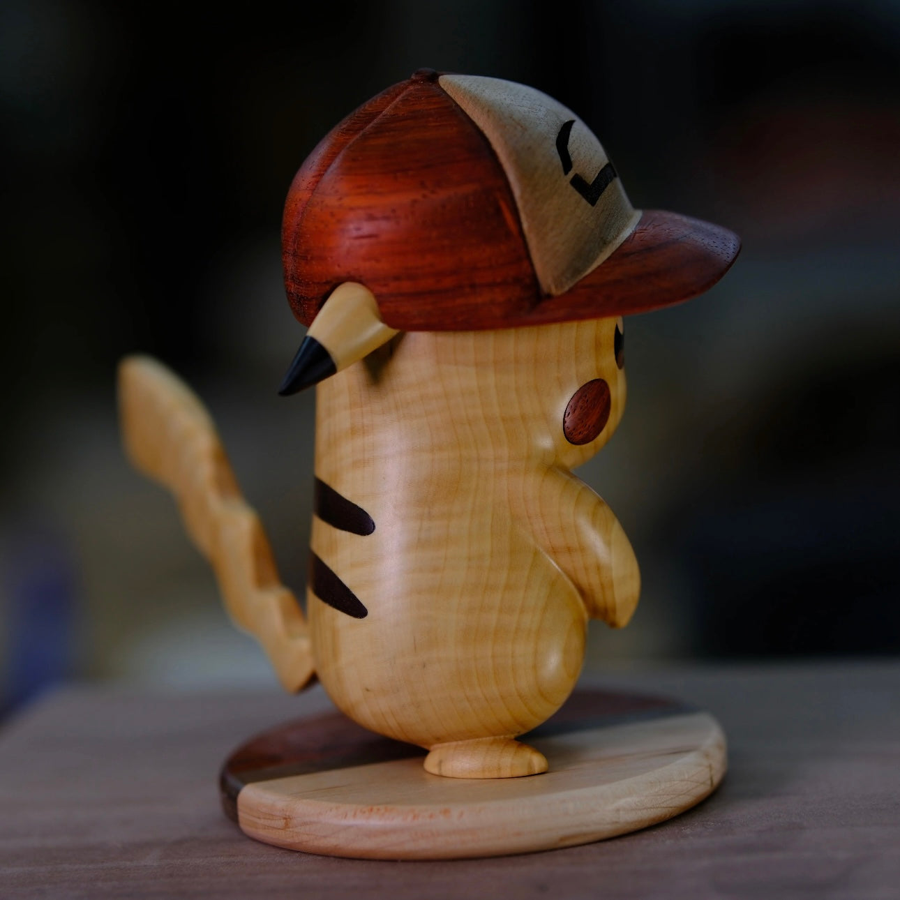 Hand-Carved Boxwood Pokemon-Inspired Pikachu Figurine – Artisan Wooden Collectible Decor